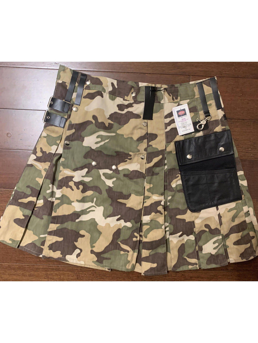 Tan CAMOUFLAGE CANVAS Men’s Custom LEATHER Kilt MACLEO SAN DIEGO Size 40 New